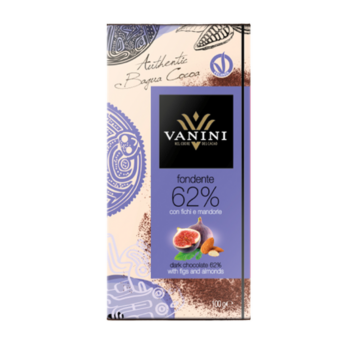 VANINI  - შავი შოკოლადის ფილა 62%, ლეღვით და ნუშით 100გრ.