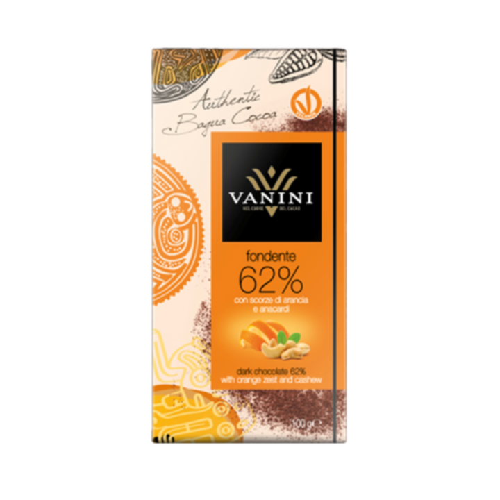 VANINI - შავი შოკოლადის ფილა 62%, ფორთოხლის ცედრით და ქეშიუთი 100გრ.